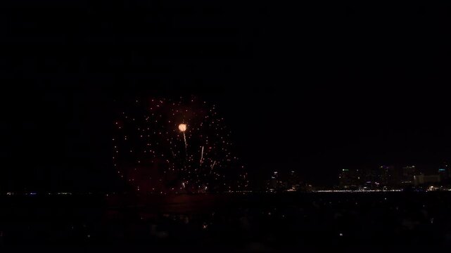 Colorful Fireworks Explosion Above Coastal Night Horizon In Pattaya Chon Buri Thailand