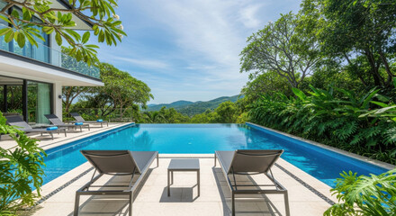 Fototapeta premium Serene Infinity Pool Overlooking Lush Green Tropical Mountains