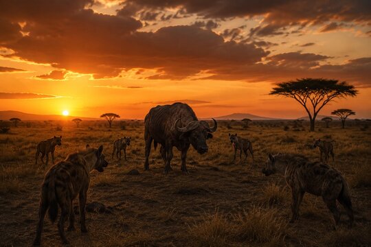 Hyenas circling a solitary buffalo on the African savanna at dusk.