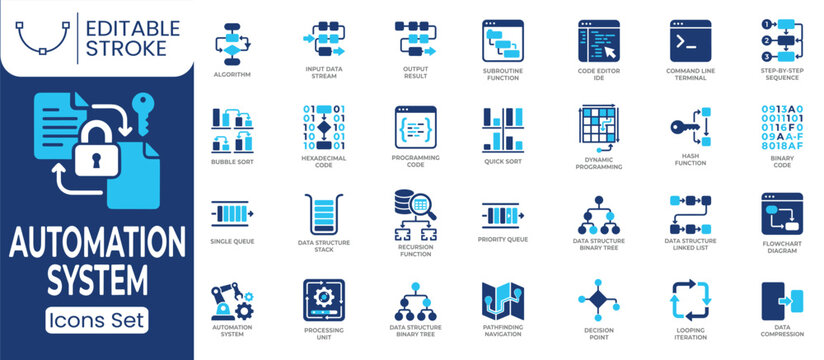 Automation system icon set. Containing algorithm, programming code, flowchart, data structure, command line and more. Solid vector icons collection.