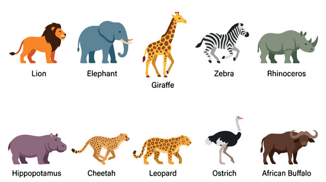 African safari animals collection, set of 10 flat vector wildlife icons including lion and elephant, savanna zoo animal characters for educational design