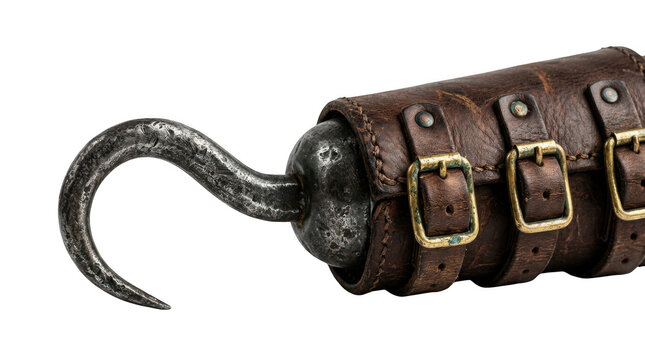 Closeup of a pirate hook prosthetic with leather straps and brass buckles isolated on transparent background