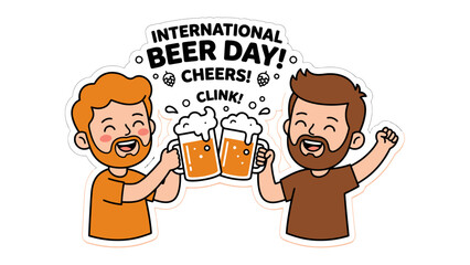 Fototapeta premium International Beer Day Celebration: Two smiling men with beards clink their frothy beer mugs together, celebrating International Beer Day with a cheerful Cheers! and Clink!.