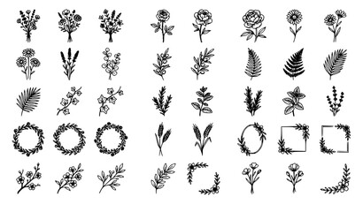 Fototapeta premium Elegant Botanical Line Art Vector Set with Floral Bouquets Wildflowers Leaves and Branches