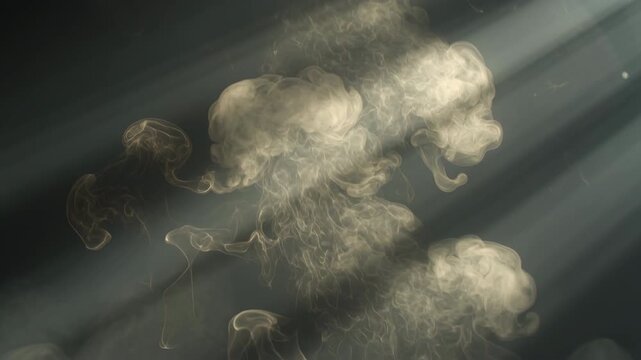 Smoke plumes rising and diffusing into a dark environment illuminated by focused atmospheric light rays.
