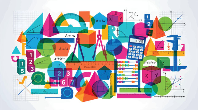 Colorful mathematics vector illustration with geometric shapes and school supplies, vibrant math education concept with calculator and protractor, abstract science and geometry background
