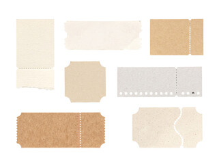 Fototapeta premium Assortment of blank vintage paper tickets with varying textures and perforation lines.