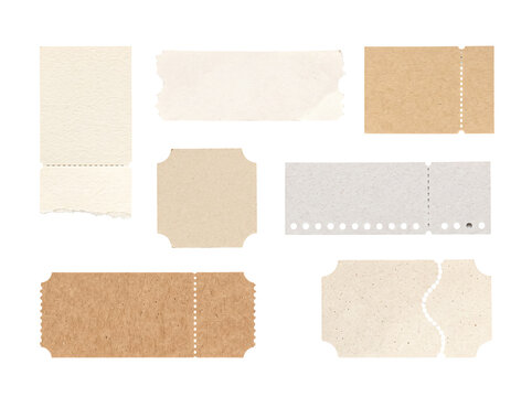 Assortment of blank vintage paper tickets with varying textures and perforation lines.