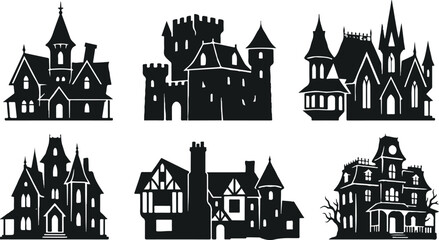 Fototapeta premium Collection silhouettes of haunted houses vector flat illustration. Set of scary house for Halloween and Halloween haunted house