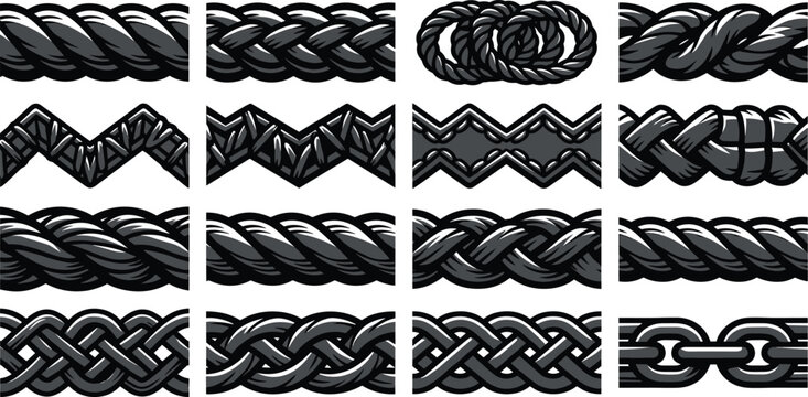 Black and White Nautical Rope Seamless Borders Set with Braided Cord Knots and Metal Chain Links for Sailor Marine Frames and Badge Designs