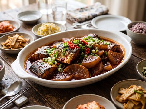 A generous portion of spicy braised mackerel and radish in a white serving dish
