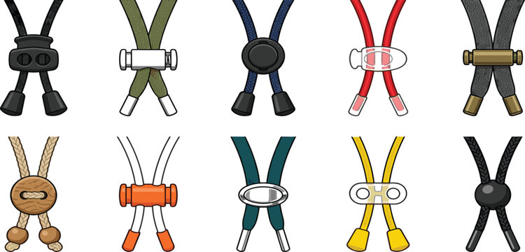 Drawstring Cord Lock Toggle Stopper Vector Icon Set with Plastic Spring Fasteners and Metal Adjuster Clips for Sportswear Apparel Designs