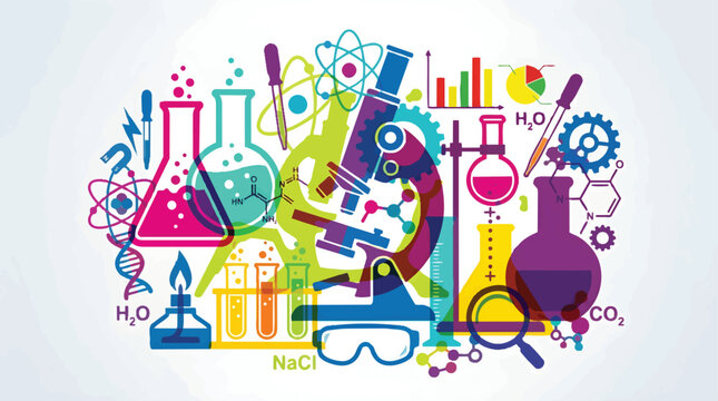 Colorful science laboratory equipment vector illustration, chemistry research icons with microscope and beakers, educational scientific experiment tools for school and biotech study isolated PNG