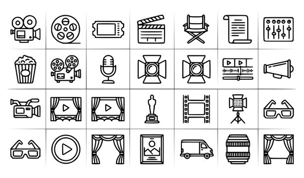 Film and Cinema Outline Icon Set Editable Stroke Modern Thin Line Movie Production Vector Collection
