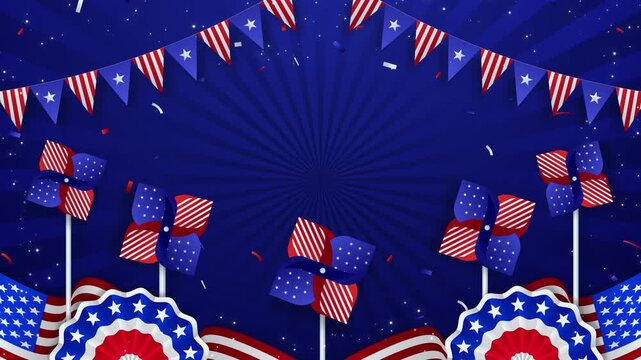 Celebrate with patriotic flags and confetti. Flags wave against a starry blue backdrop. Wind-blown banners add motion to the scene. Red, white, and blue dominate the festive frame
