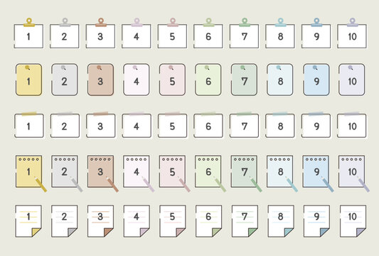 カラフルな線画の数字入りメモアイコンセット