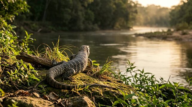 argentine black and white tegu in argentina rainforest golden light close up video