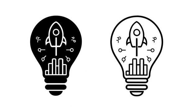 Black and white light bulb icons with rocket ship launch and business growth bar chart inside representing startup innovation and creative business success concepts