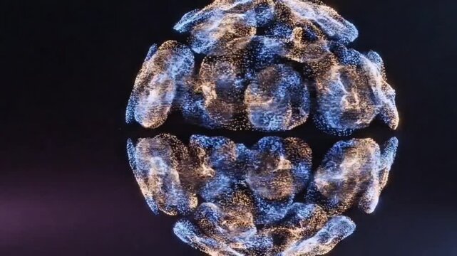 Neural Sphere Reorganizing Glowing Particles, Abstract AI Network Structure, Futuristic Digital Brain Animation, Sci-Fi Technology Background