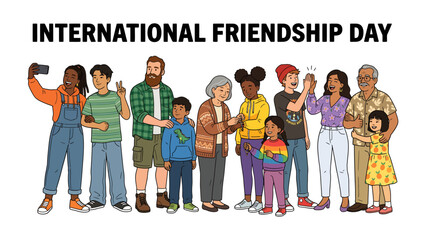 Obraz premium Celebrating International Friendship Day: A diverse group of people of all ages and backgrounds come together to celebrate friendship, sharing smiles and happy moments.