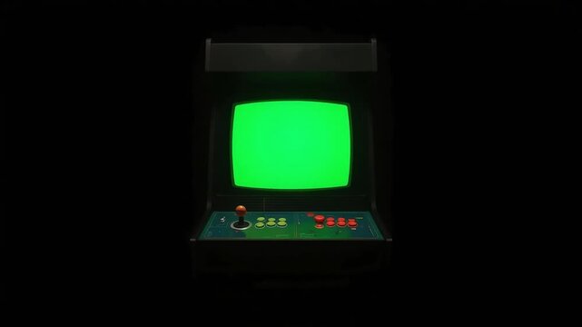 Retro arcade machine with a glowing green screen and colorful control buttons captured in this dark digital animation motion video