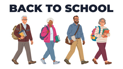 Fototapeta premium Back To School: Four diverse individuals, embodying different age groups and ethnicities, walk with backpacks and books.