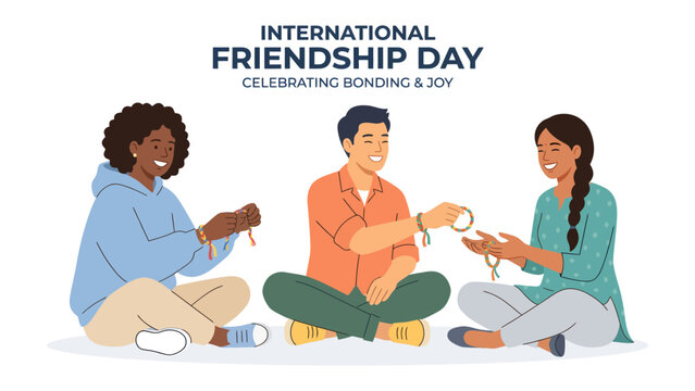 International Friendship Day Celebration: Three friends from diverse backgrounds share a moment of bonding, exchanging bracelets to celebrate International Friendship Day.