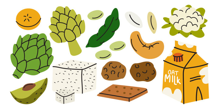 Set of healthy plant based vegan food elements in trendy cartoon style. Vegetables, seeds, nuts, organic oat milk, tofu cheese, avocado isolated on white background. Vegetarian food stickers