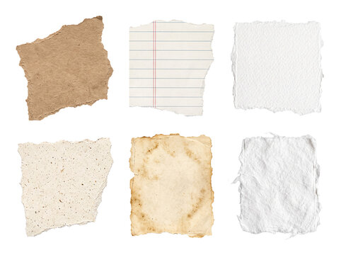 Six diverse torn paper pieces collage, varied textures, colors, blank copy space, isolated on transparent.