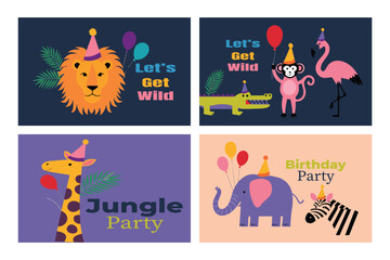 Fototapeta premium Cute Safari Jungle Animals Birthday Invitation Cards Cartoon Lion Giraffe Elephant Party Flyers Set.