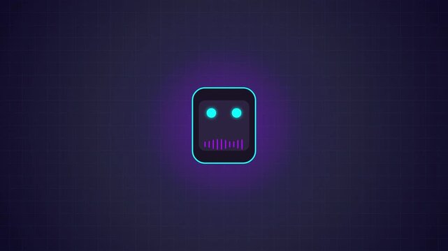 AI robot face with glowing eyes.