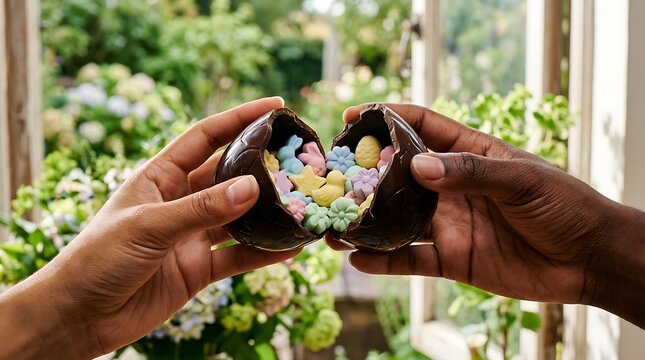 Hands holding a cracked chocolate easter egg with colorful candy inside