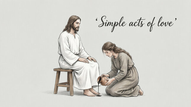 Jesus Christ is lovingly anointed by a sinful woman with costly perfume in this devotional art.