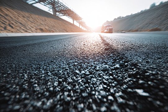 Close-up view of freshly laid dark asphalt road surface with sunlight and construction infrastructure in the background