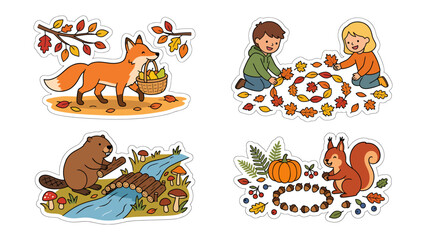 Fototapeta premium Autumn Friends Collection: A delightful set of four charming illustrations depicting cute animals and children enjoying the autumn season with leaves, pumpkins, and baskets filled with harvest.