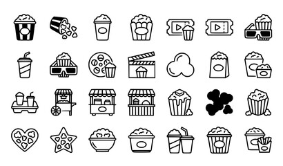 Fototapeta premium Popcorn Food Snack Cinema Icons Set Vector Movie Popcorn Bucket Entertainment Black Outline Illustration Collection
