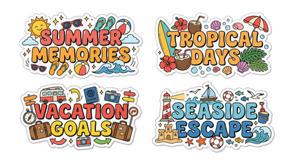 Summer Holiday Vibes: A vibrant collection of four graphic designs capturing the essence of summer, featuring themes of Summer Memories, Tropical Days, Vacation Goals. © Montaha