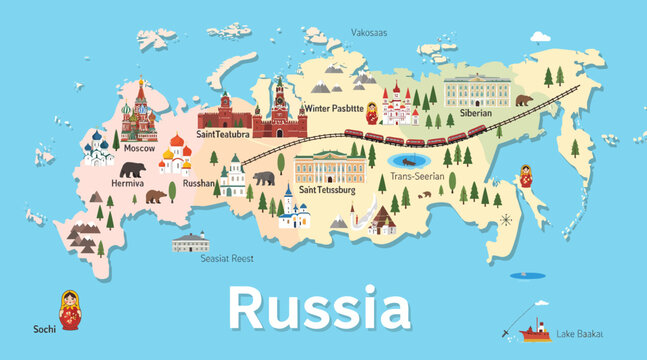 Illustrated map of Russia showing landmarks, cities, and trans-Siberian railway
