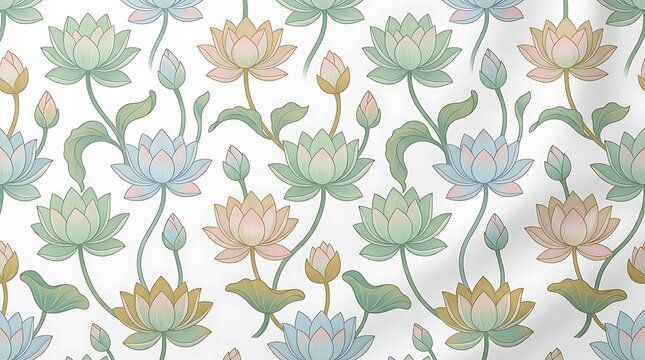 Seamless pattern of pastel lotus flowers and buds on white