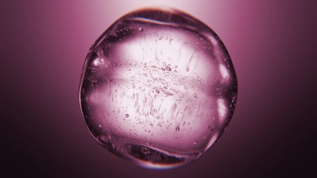 Pink anti-aging serum bubble. Luxury skincare cosmetics macro 3D abstract background. Glowing moisturizer essence gel drops. Collagen fluid molecule, peptide face lotion for skin radiance and lifting