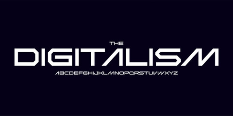 Fototapeta na wymiar Futuristic techno logo font, sharp angular letters, wide digital font for sci-fi headline, HUD interface, cyberpunk poster, AI startup branding, space tech design, dark EDM cover. Vector typography