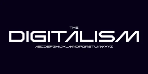Futuristic techno logo font, sharp angular letters, wide digital font for sci-fi headline, HUD interface, cyberpunk poster, AI startup branding, space tech design, dark EDM cover. Vector typography © artyway