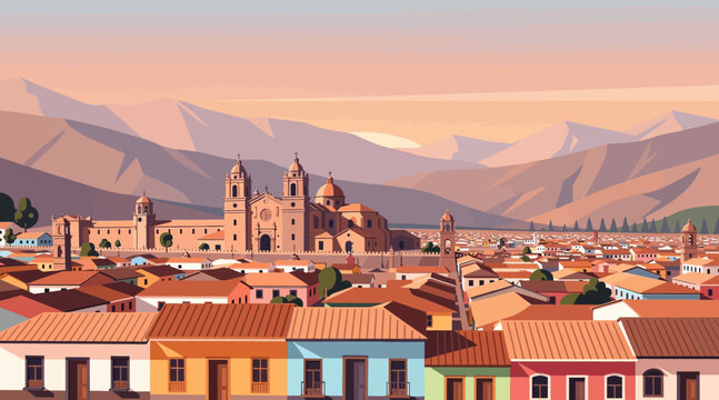 Andean Cityscape with Colonial Architecture and Mountains at Sunset