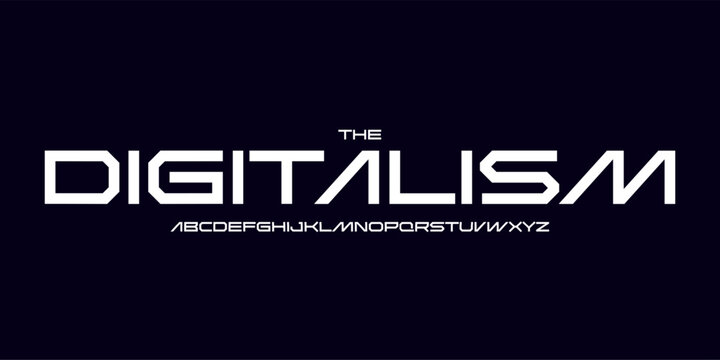 Futuristic techno logo font, sharp angular letters, wide digital font for sci-fi headline, HUD interface, cyberpunk poster, AI startup branding, space tech design, dark EDM cover. Vector typography