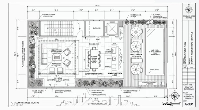 Architectural floor plan of a luxury rooftop terrace with swimming pool and lounge area