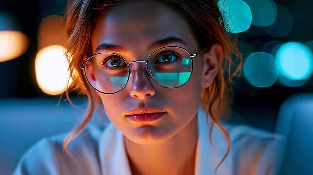 Woman with glasses and freckles in soft light
