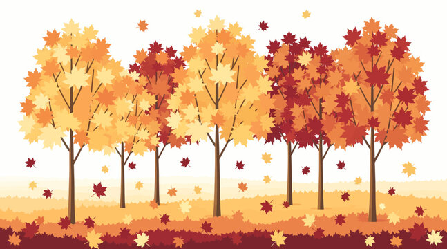 Autumn forest trees with falling maple leaves, vibrant fall colors
