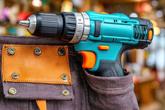 Compact Power Drill Resting on a Durable Tool Belt Ready for Work