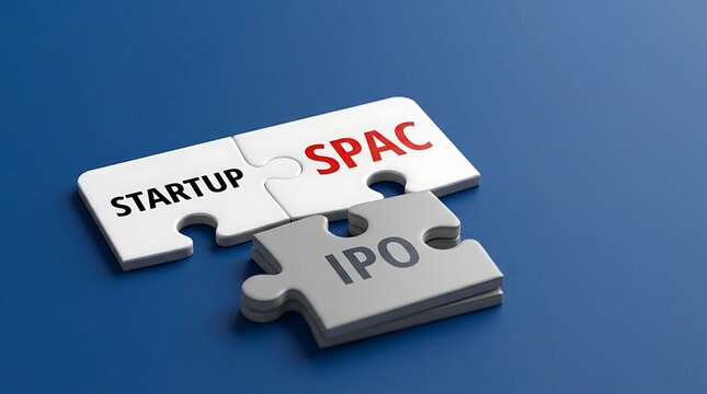 A jigsaw puzzle with three interlocking pieces featuring Startup SPAC IPO text on a blue surface