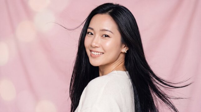 Beautiful Asian Woman Smiling on Pink Background Youthful Beauty and Natural Elegance